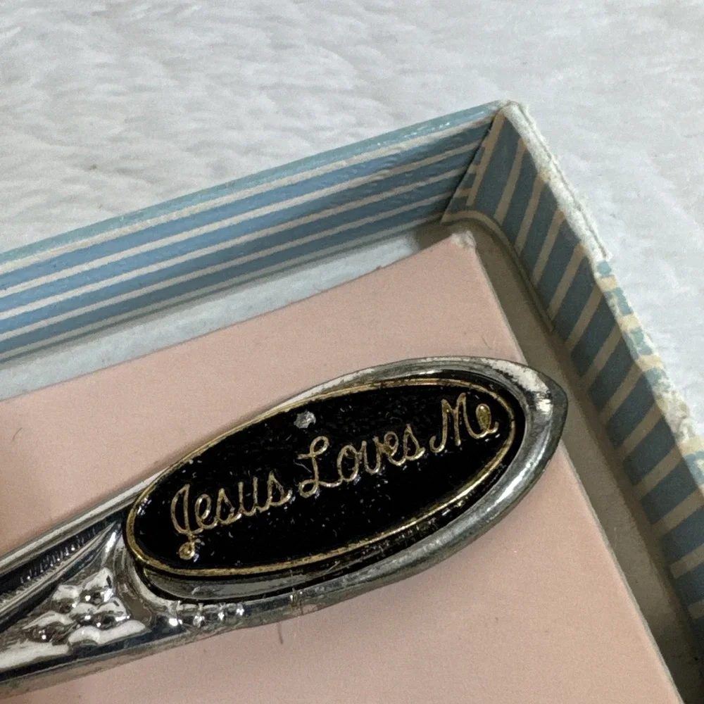 Vintage Silver Tone Jesus Loves Me Baby Spoon Keepsake with Box
